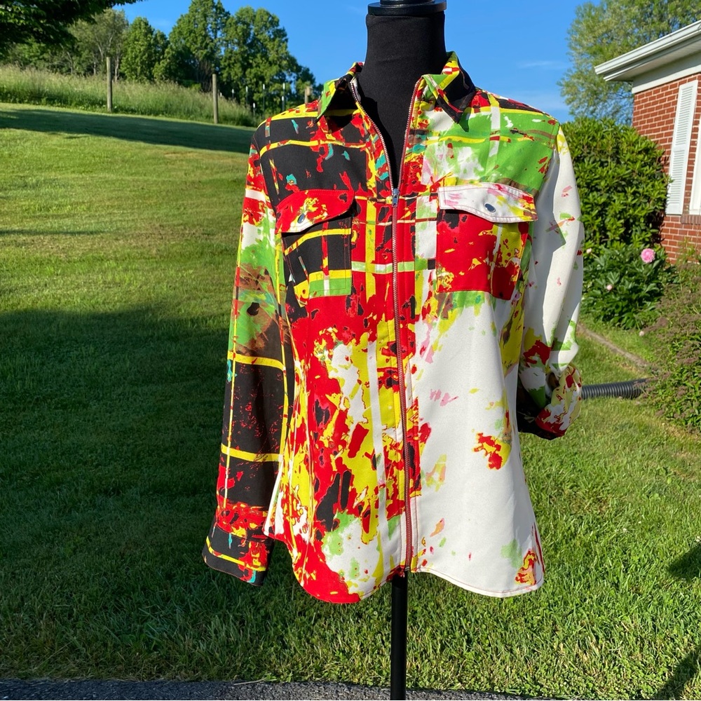 -Tracy M Zip Up Front L/S Colorful Collared Blouse Women's Large - Picture 3 of 12